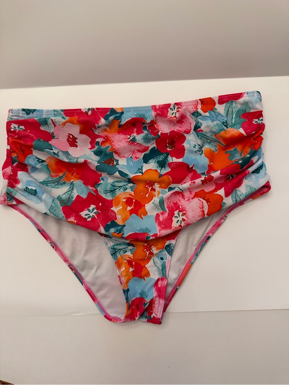 Bright Pink Ruffle Bikini Top with Floral High-Waist Bottoms by